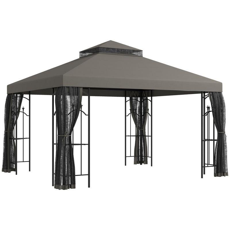 Outsunny Steel Outdoor Patio Gazebo Canopy with Removable Mesh Curtains, Display Shelves, & Steel Frame