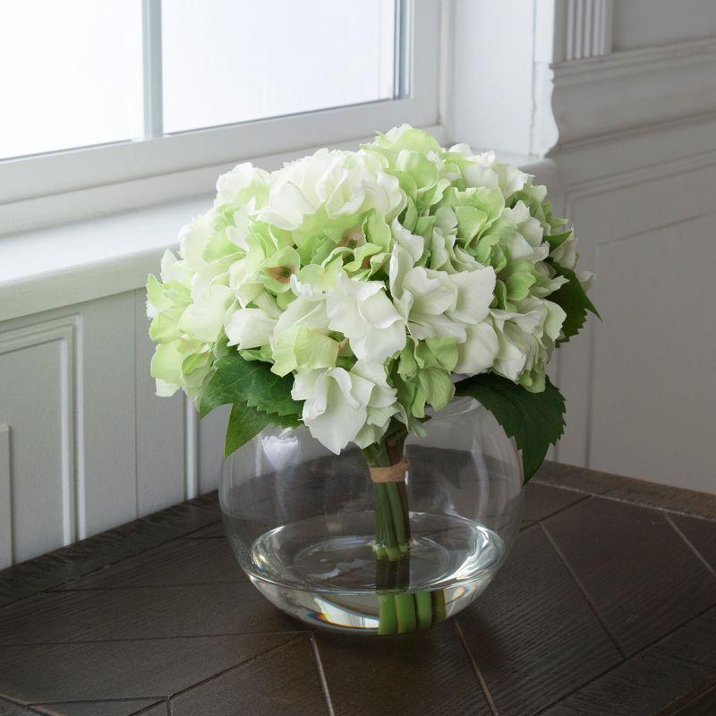 Hydrangea Floral Arrangement in Vase - 5-Count Artificial Flowers with Leaves in Faux Water-Filled Decorative Clear Glass Bowl by Pure Garden (Green)