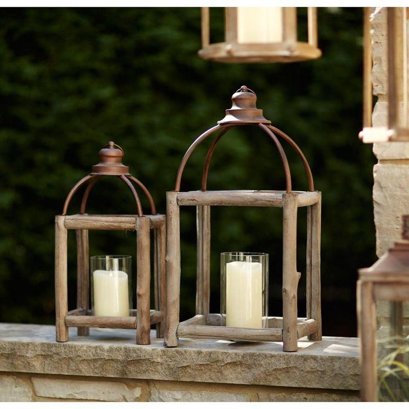 Rustic Wood Log and Antique Metal Lantern with Glass Hurricane (Set of 2)