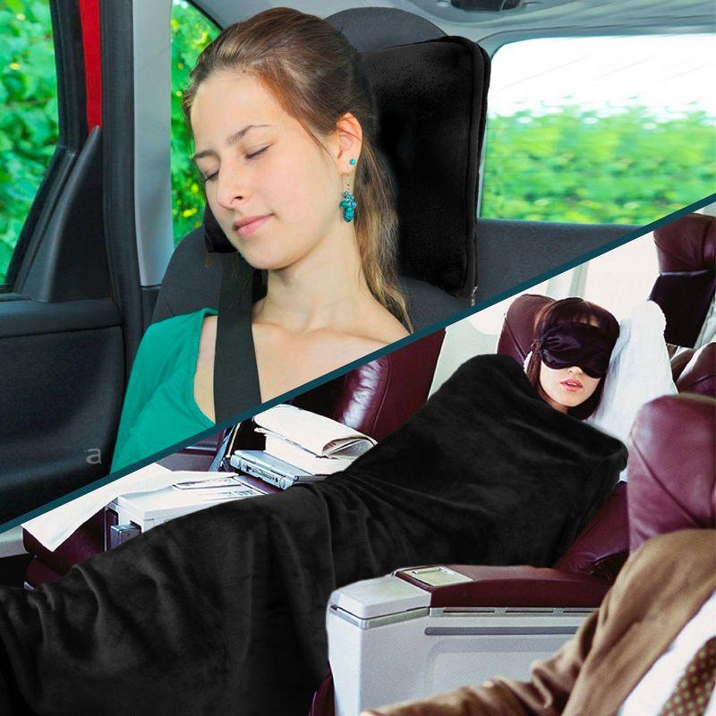 PAVILIA Travel Blanket and Pillow, Warm Soft Fleece 2-IN-1 Combo Large Compact Set for Airplane Camping Car Trips (Black, 60 x 43 inches)