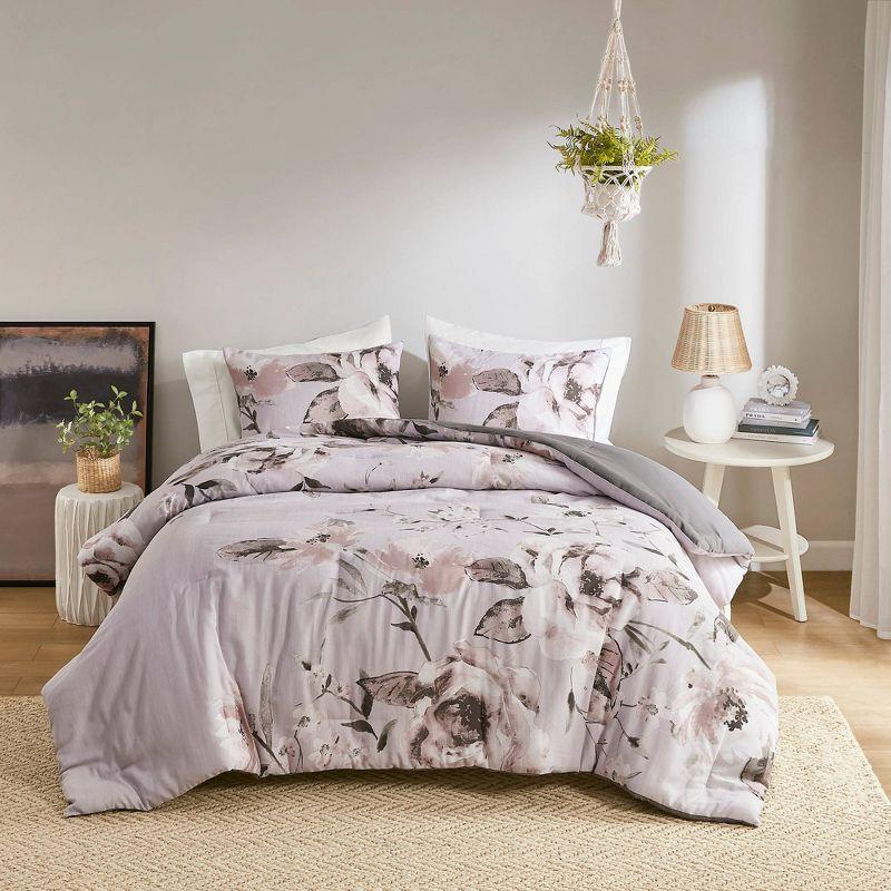 Gray Floral Microfiber Full Comforter Set with Shams