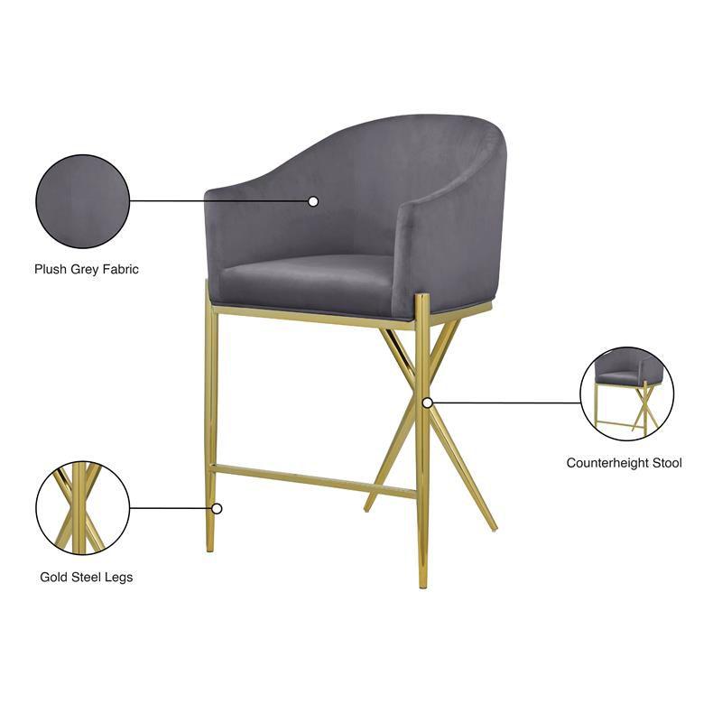 Meridian Furniture Xavier Gray Velvet Counter Stool with Gold Metal Legs