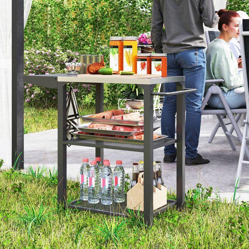 Outsunny 3-Shelf Outdoor Grill Cart Table with Foldable Side Table, Stainless Steel Tabletop, 22" x 16.1" Pizza Oven Stand with Hooks, Silver
