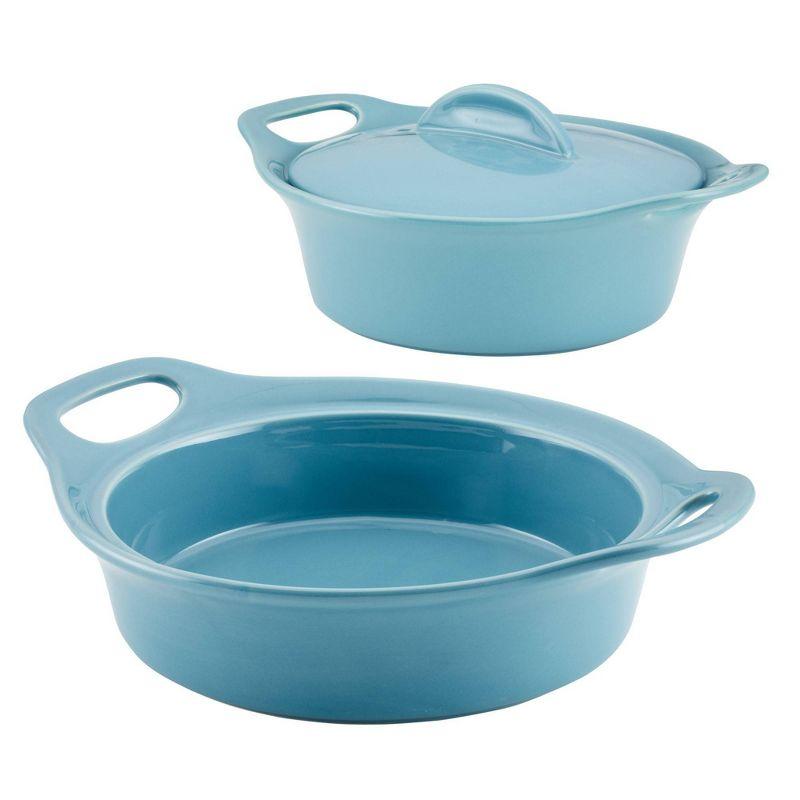 Rachael Ray Solid Glaze Ceramic 3pk Round Casserole Set with Shared Lid Agave Blue: Bakeware with Lid, Even-Heating