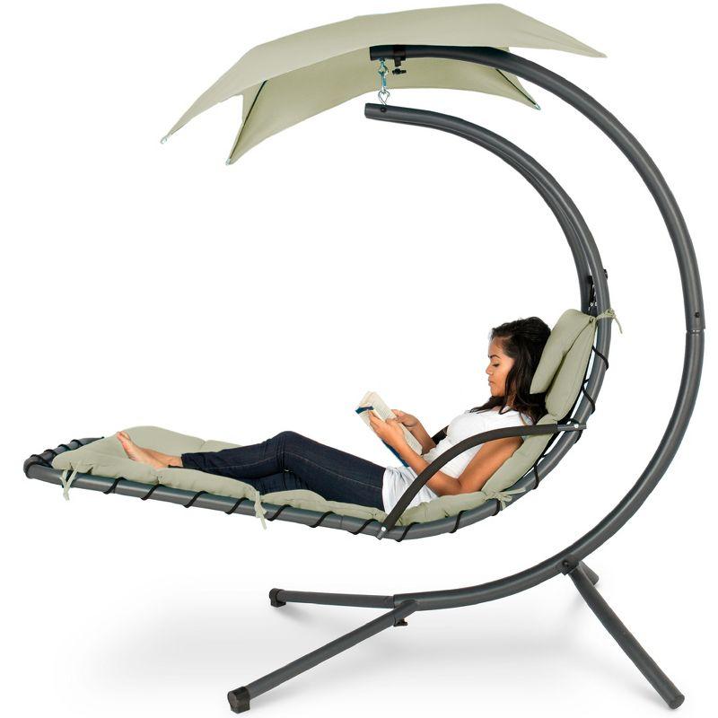 Best Choice Products Hanging Curved Chaise Lounge Chair Swing for Backyard, Patio w/ Pillow, Shade, Stand - Sage