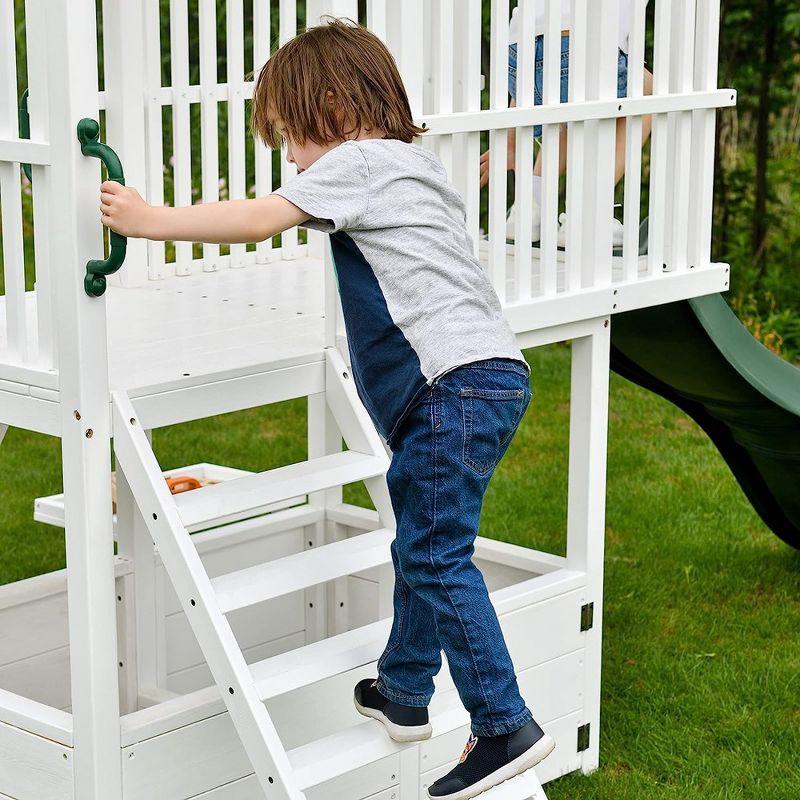 Avenlur Craftsman Swing Set: Montessori-style outdoor play with slide, clubhouse, gym bar, rock climb wall, and more! ASTM certified. Ages 3-11yrs.