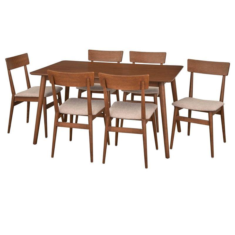 Lifestorey 7pc Newington Mid Century Modern Dining Set Walnut/Mocha: Rectangle Table, 6 Upholstered Chairs