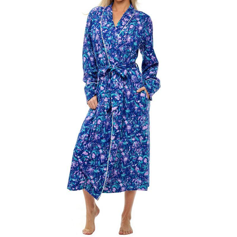 Purple Floral Cotton Knit Jersey Lounge Robe with Pockets