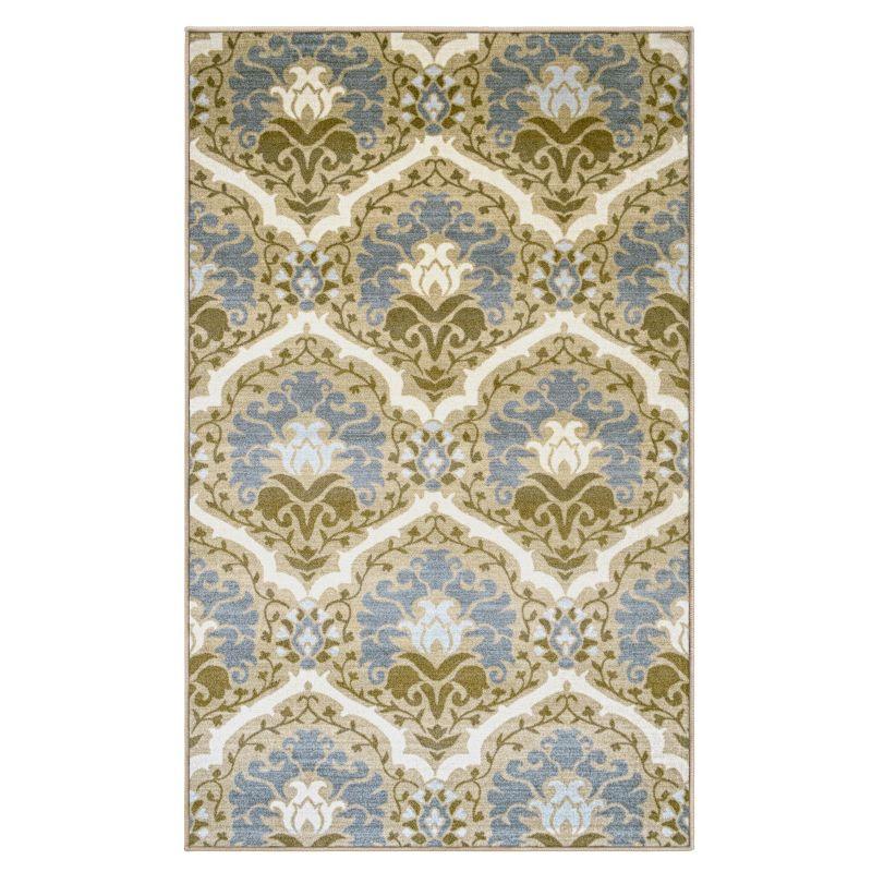 Taupe and Blue Floral Damask Washable Area Rug