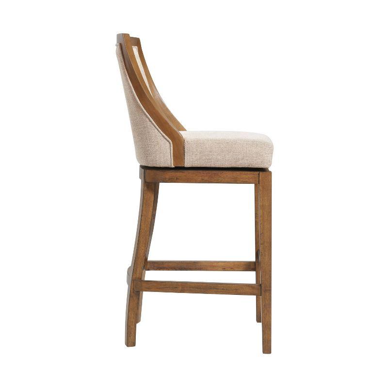 Alaterre Ellie Bar Height Stool, Back, Swivel Seat, Brown, Upholstered Padded Seat, Rubberwood Frame, Steel Memory Return Mechanism, Dimensions 19 in. W x 22 in. D x 46 in. H, Footrest, Metal Kick Plate