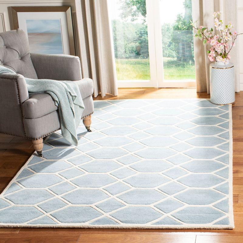 Blue and Ivory Geometric Hand-Tufted Wool Area Rug, 6' x 9'