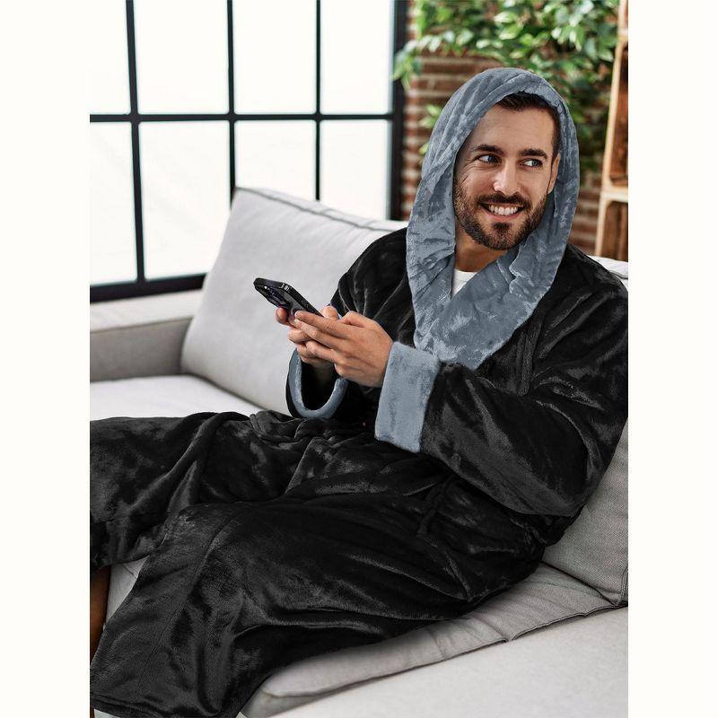 PAVILIA Mens Robe, Hooded Soft Bathrobe for Men, Fleece Plush Warm Shawl Collar Hood Pockets for Bath Shower Spa (Black/Gray, One Size)