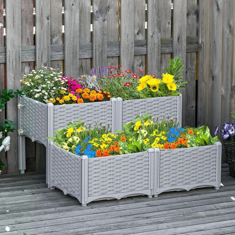 Outsunny 4-Piece Raised Garden Bed Planter Raised Bed with Self-Watering Design and Drainage Holes for Flowers, Gray