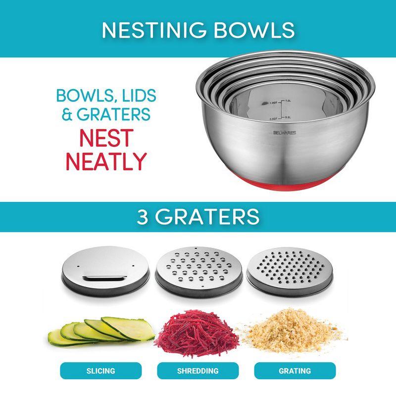 Mixing Bowls with Lids Set - Nesting Bowls with Airtight Lids + Graters - Stainless Steel Non-Slip Mixing Bowl for Baking, (Red, 5-Piece Set)