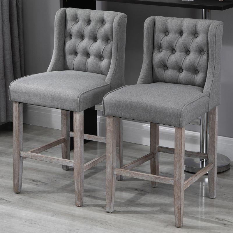 Elegant Gray 26.25" Rubberwood Tufted Bar Stools Set of 2