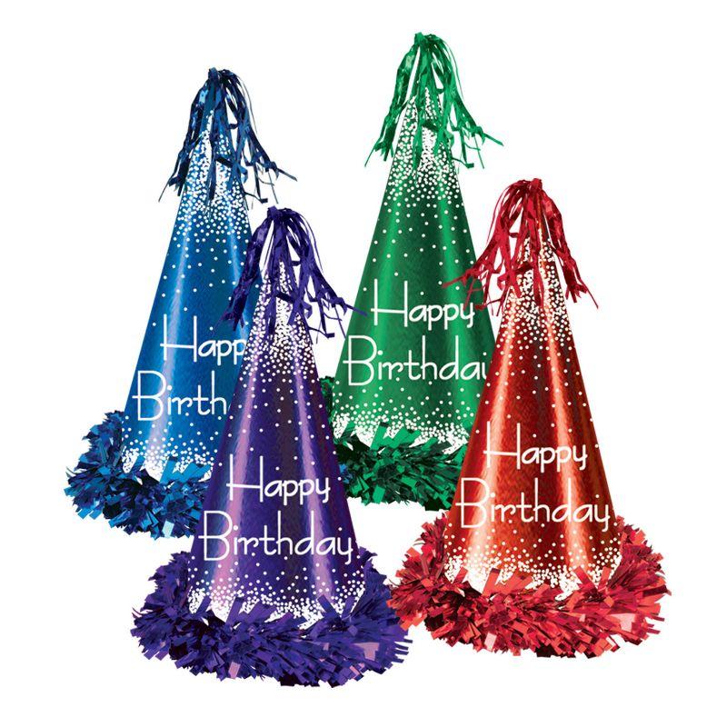 Beistle Fringed Foil Happy Birthday Party Hats, 12.5", (12/Pkg) Multicolored
