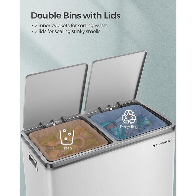 SONGMICS Dual Trash Can, 16 Gal (60L) Rubbish Bin and 15 Trash Bags, Metal Step Bin, with Dual Compartments, Airtight