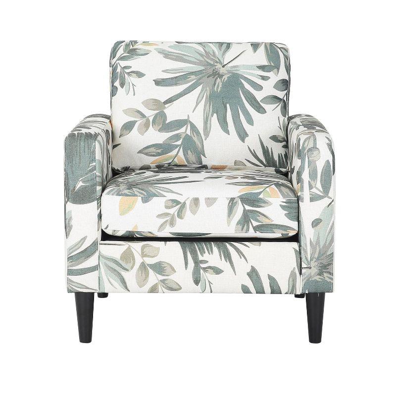 Cream and Green Floral Plush Wood Accent Chair