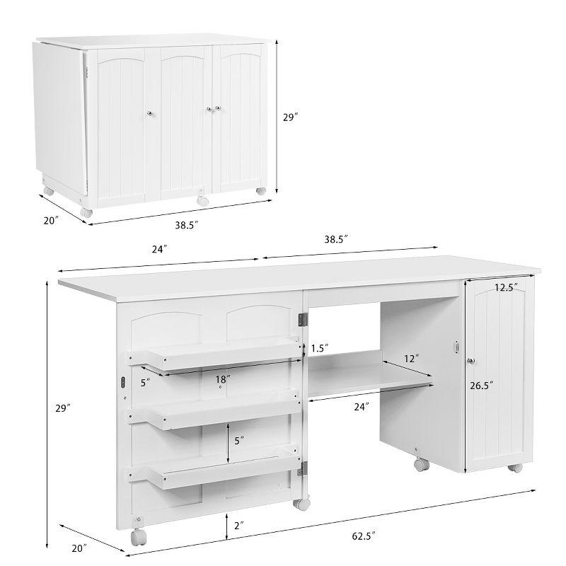 Folding Sewing Table Shelves Storage Cabinet Craft Cart W/Wheels Large White