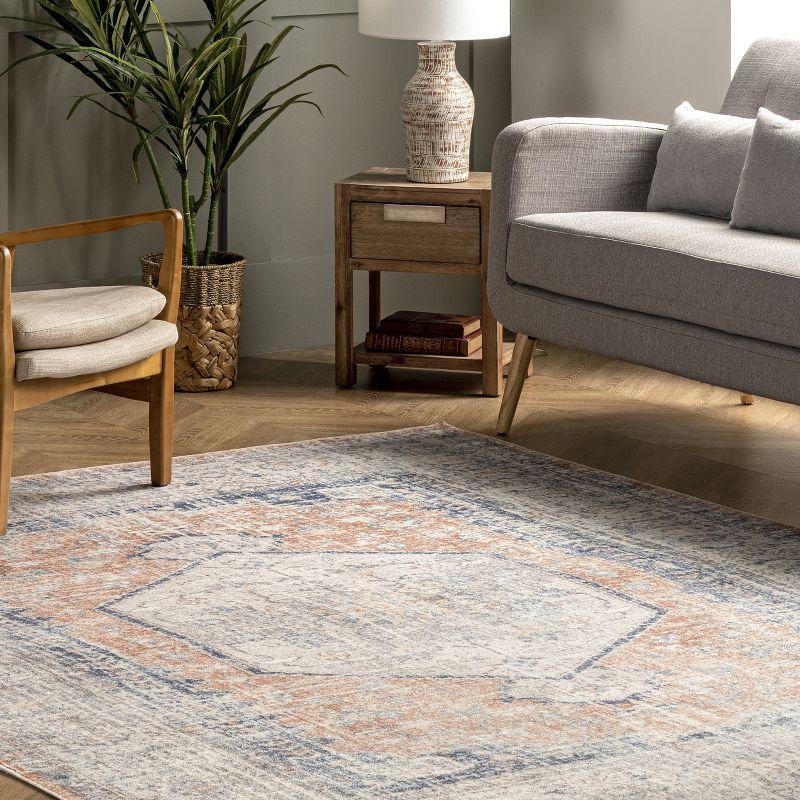 Nuloom 6 Square Machine Washable Rain Haven Vintage Medallion Indoor Area Rug, Peach Non-Slip Backing, Stain Resistant,  BedroomLiving Room, Kitchen