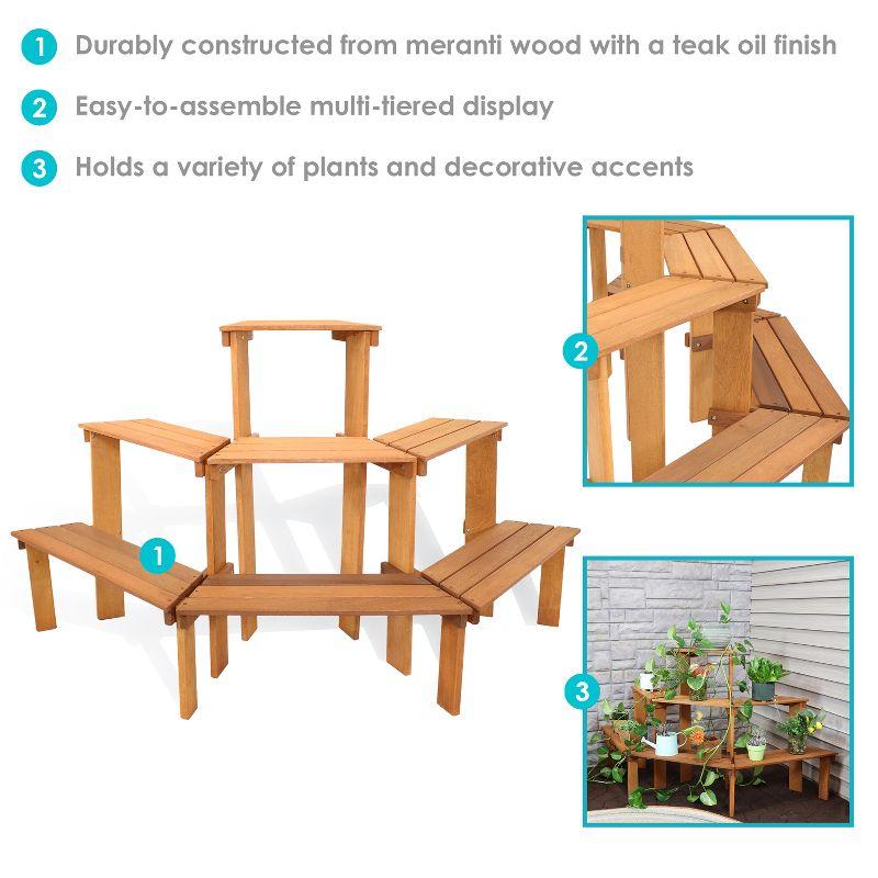 Sunnydaze Outdoor Meranti Wood with Teak Oil Finish 3-Tiered Flower Plant Stand - 36" - Brown