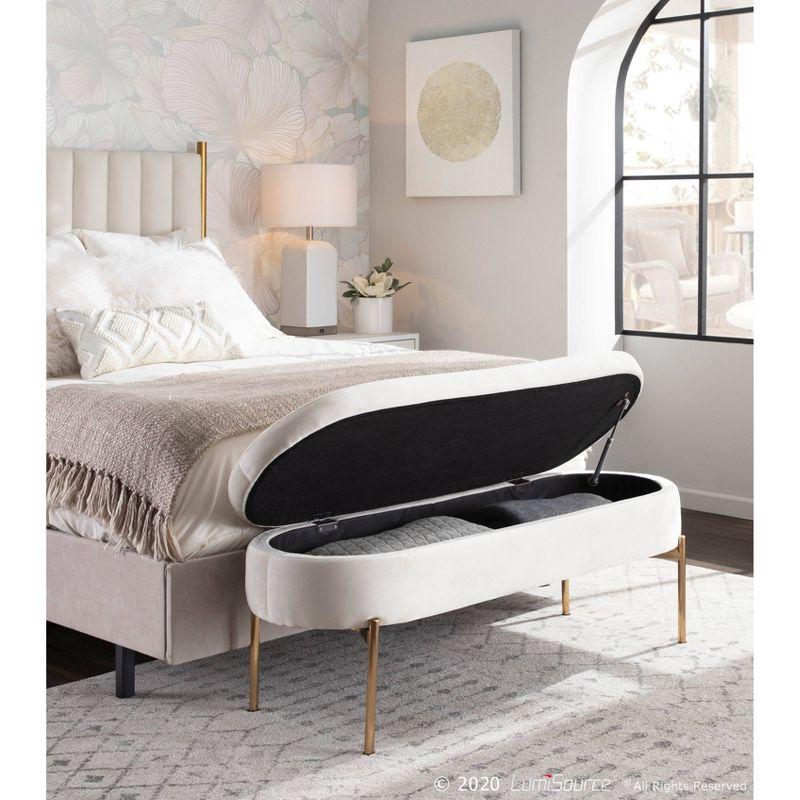 48" Chloe Contemporary Upholstered Storage Bench Gold/Cream - LumiSource: Velvet Seating, Metal Base