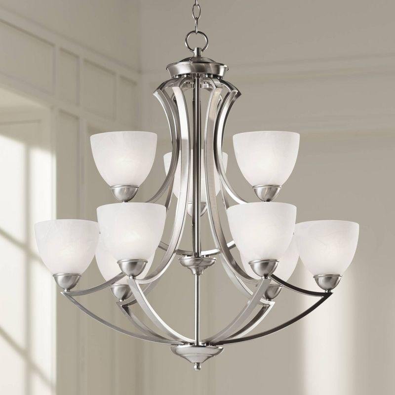 Possini Euro Design Milbury Satin Nickel Chandelier 30" Wide Industrial Tiered White Glass Shade 9-Light Fixture for Dining Room House Kitchen Island