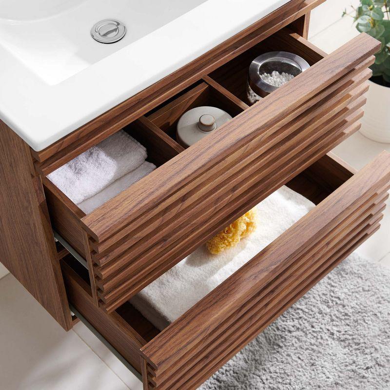 Modway Render 24" Wall-Mount Bathroom Vanity – Mid-Century Modern Floating Sink Cabinet in Walnut and White Finish