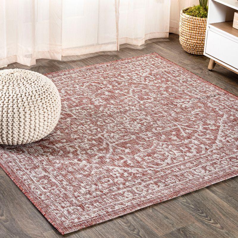 Red and Taupe Bohemian Medallion Square Indoor/Outdoor Rug