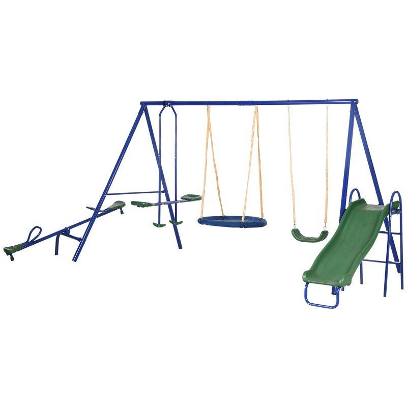 Outsunny Blue 5-in-1 Metal Swing Set with Slide and Seesaw