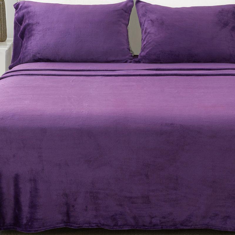 Solid Velvet Plush Fleece Sheet Set - Great Bay Home (King, Purple)