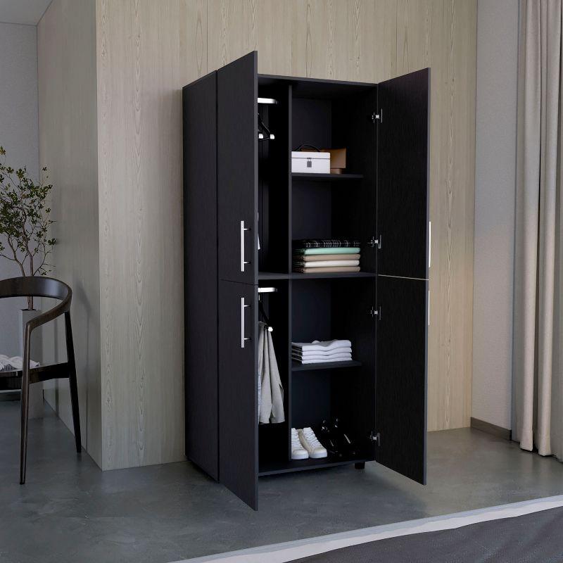 White Four-Door Particleboard Wardrobe with Shelves and Hanging Rods