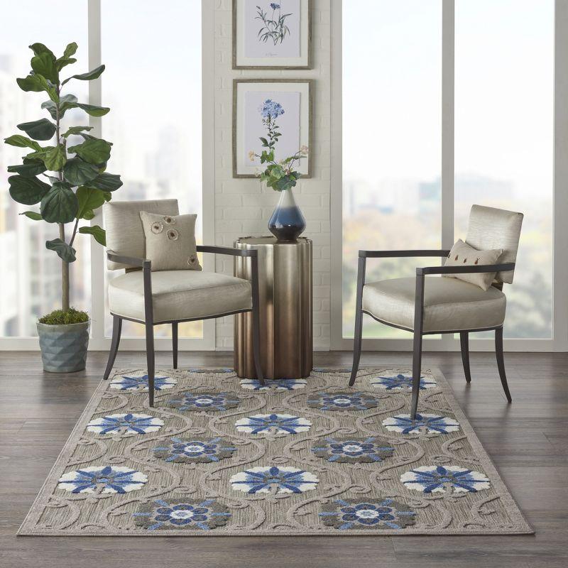 Nourison Aloha Contemporary Floral Flatweave High-Low Indoor Outdoor Area Rug Grey/Blue 3'6" x 5'6"