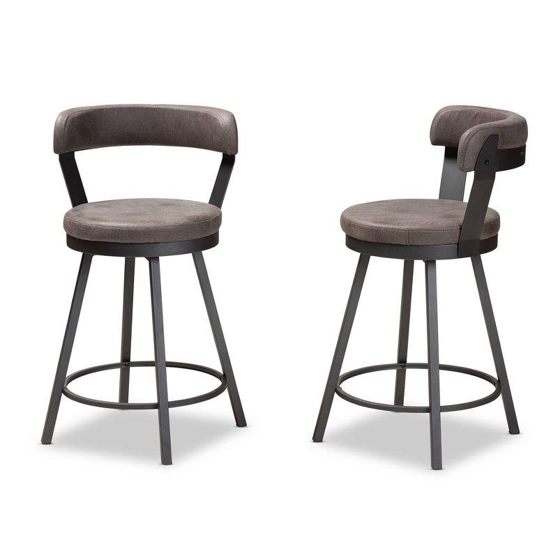 Set of 2 Arcene Faux Leather Upholstered Pub Counter Height Barstools Gray/Black - Baxton Studio: Polyester, Metal Frame, Curved Back