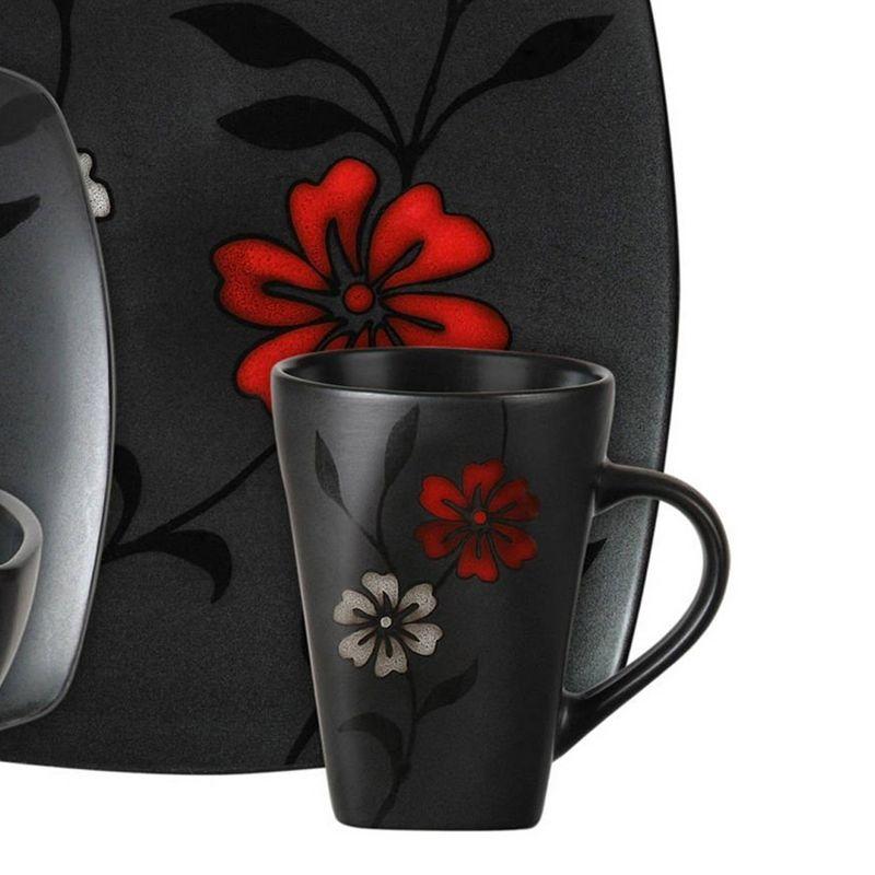 Black Ceramic Square Floral Dinnerware Set, Service for 4