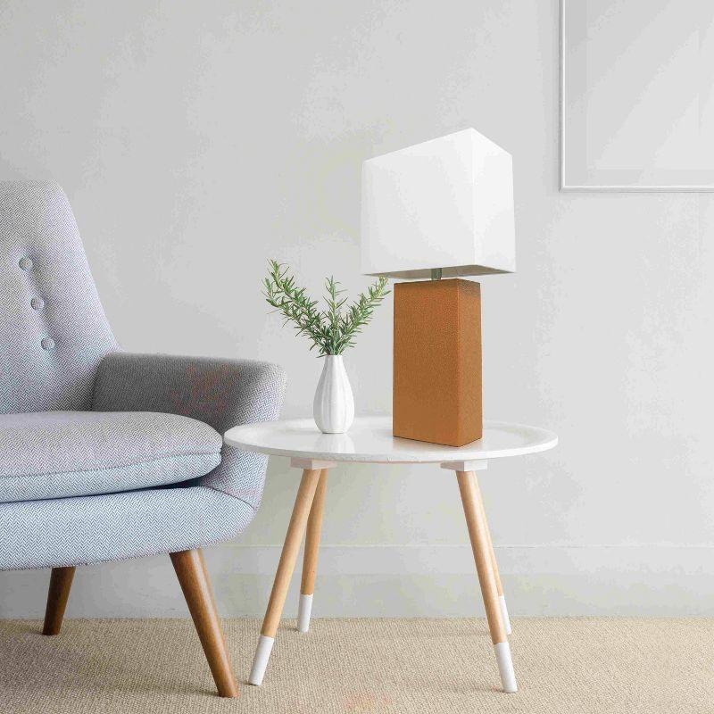 21" Lexington Leather Base Modern Home Decor Bedside Table Lamp with USB Charging Port and Fabric Shade Tan/White - Lalia Home: No Assembly