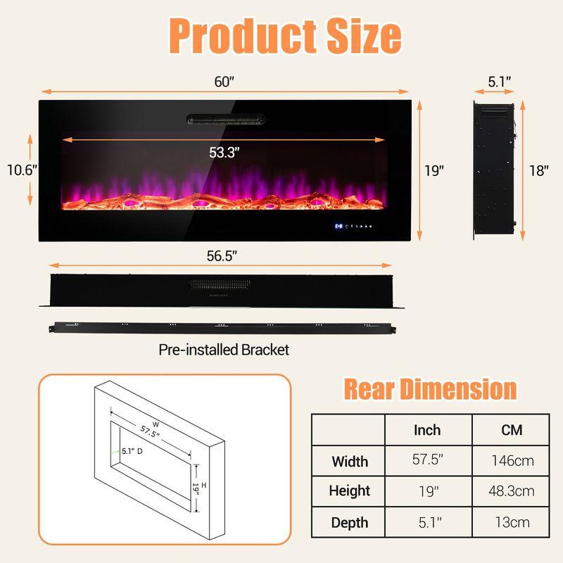 Costway 50'' Electric Fireplace Recessed Wall Mounted Heater W/ Decorative Crystal & Log