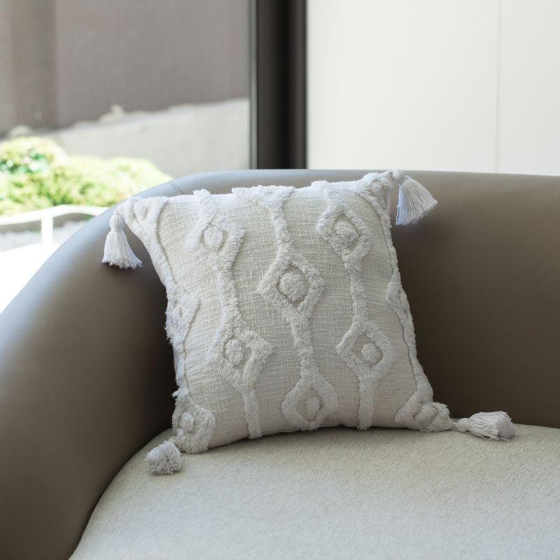 16" White Handwoven Cotton Throw Pillow with Tassels