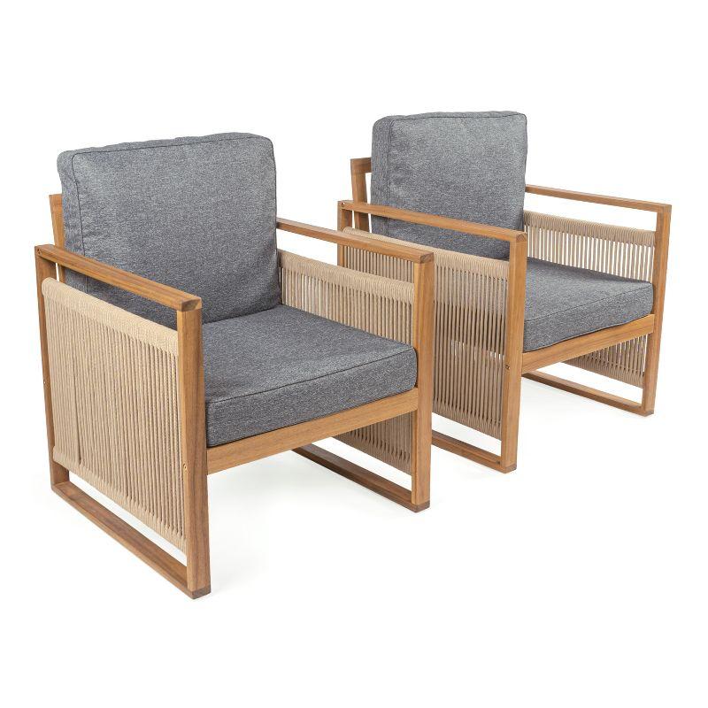 Gable Mid-Century Modern Roped Acacia Wood Outdoor Patio Chair with Cushions, Gray/Teak Brown (Set of 2) - JONATHAN Y