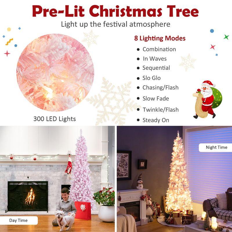 Costway 7FT Pre-Lit Snow Flocked Hinged Pencil Christmas Tree w/ 300 Lights & 8 Modes