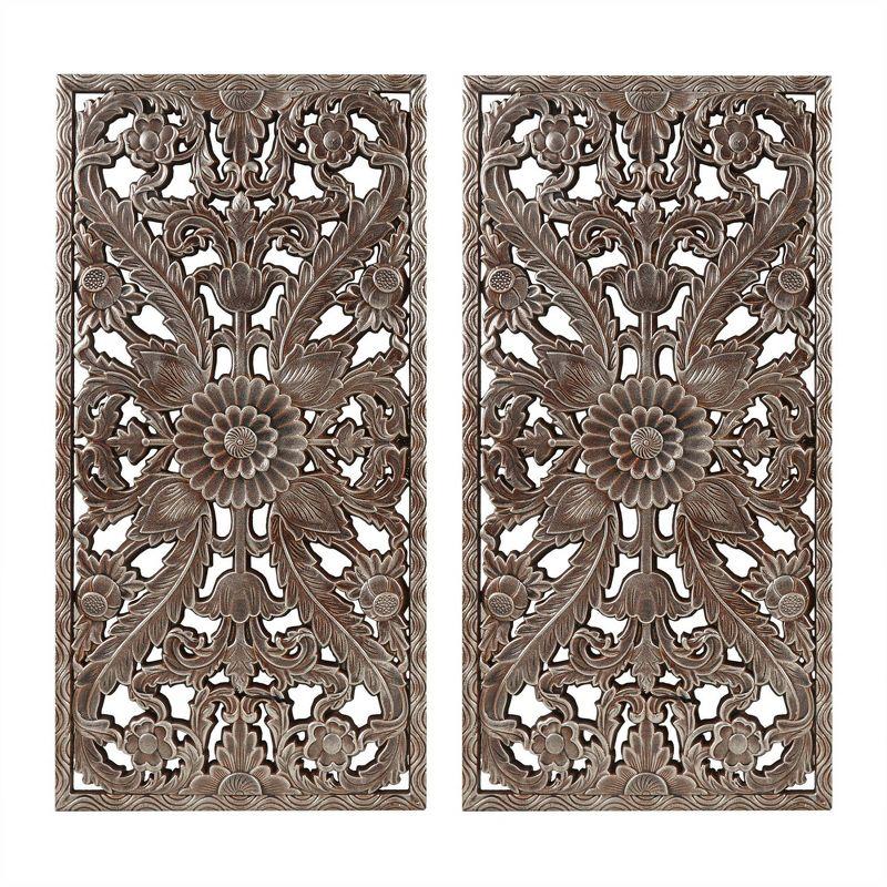 2pc Botanical Carved Wall Decor Panel Set Bronze - Madison Park: MDF Antique Finish, Vertical Orientation