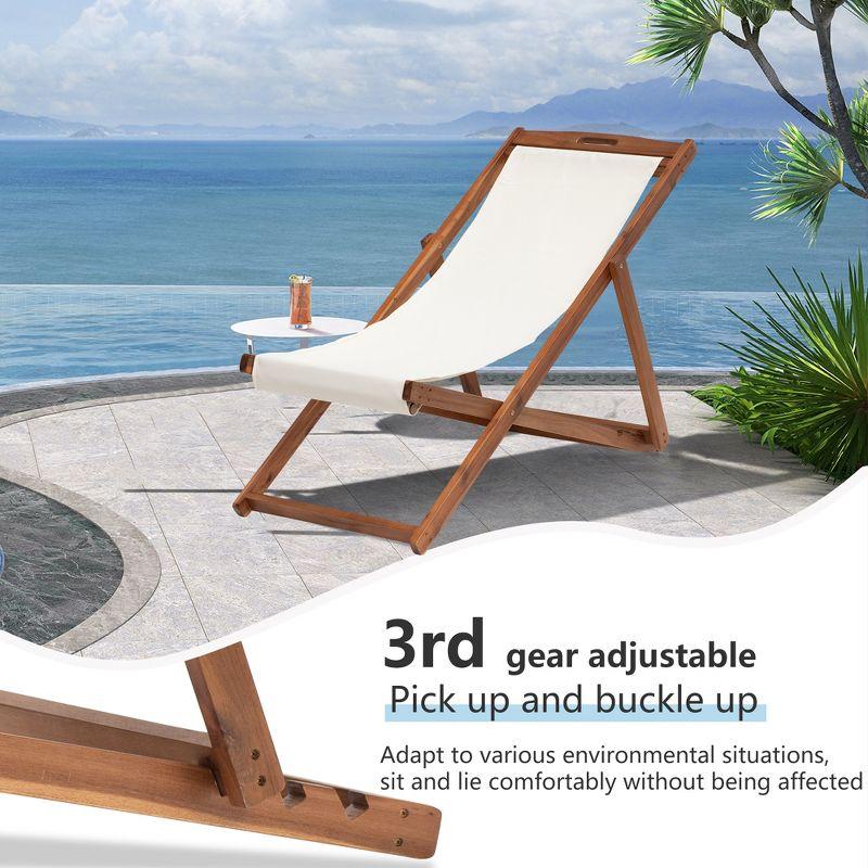 FDW Beach Sling Patio Chair for Relaxing, Foldable with Adjustable Height Made from Eucalyptus Wood with White Polyester