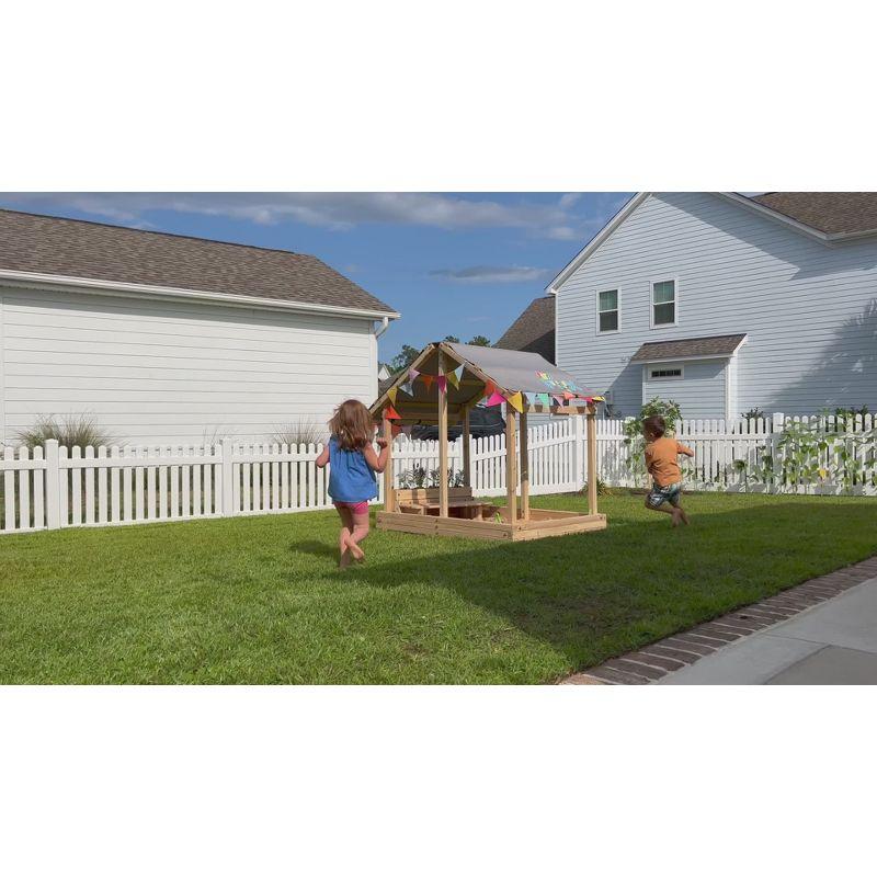 Dig n Play Wooden Sandbox Playhouse with Bench & Flower Planter, Outdoor Sand Pit for Kids