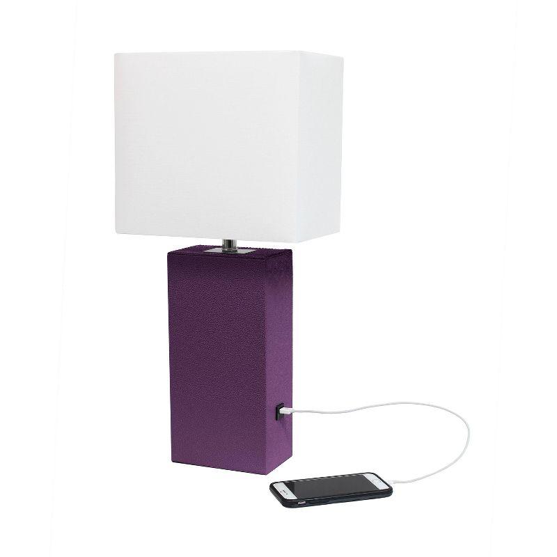 Modern Leather Table Lamp with USB and Fabric Shade Eggplant - Elegant Designs: No Assembly, UL Listed