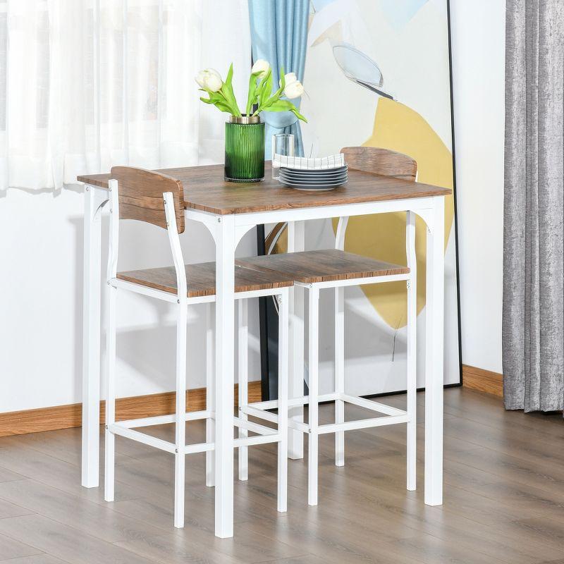 HOMCOM 3 Piece Bar Table and Chairs Set, Industrial Small Dining Table Set for 2, Square Kitchen Table and Stools, Walnut and White