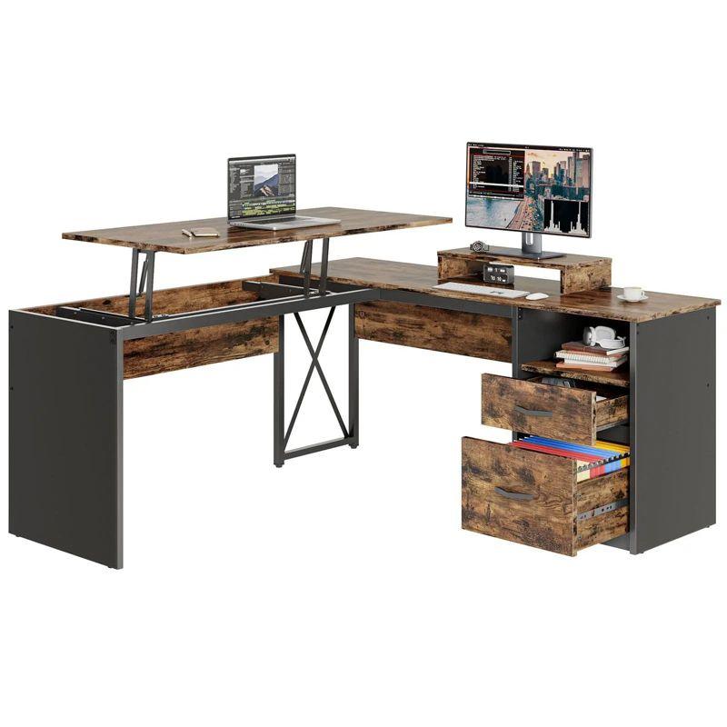 Rustic Brown Adjustable Height L-Shaped Desk with Filing Cabinet