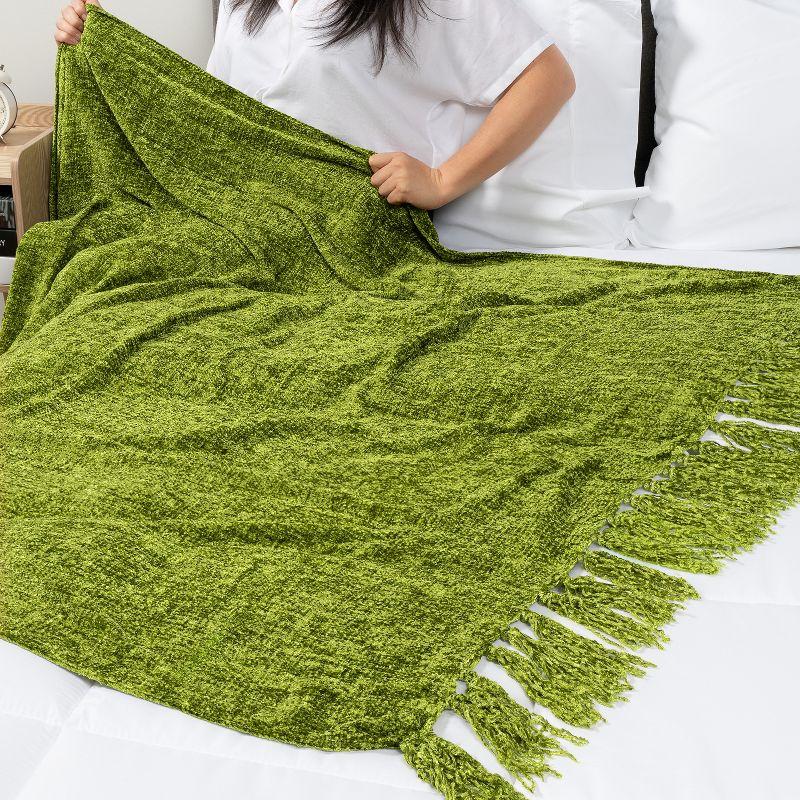 PAVILIA Chenille Throw Blanket with Woven Knitted Tassel Fringe for Couch, Living Room Decor and Bed