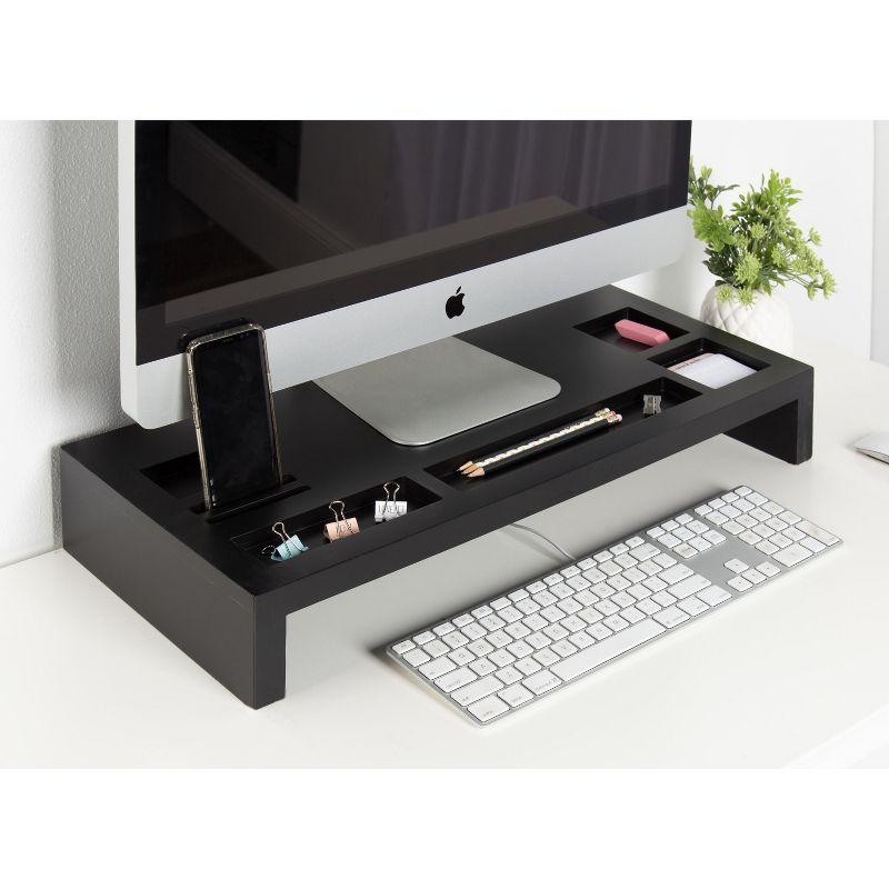 Black Wood Desktop Monitor Stand with Organizer Slots