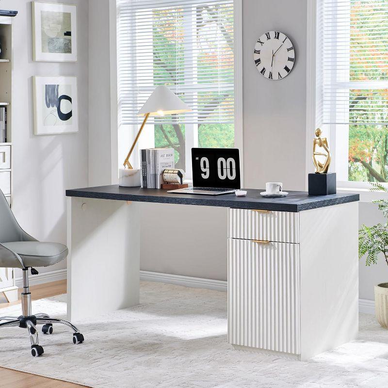 60" Modern Desk with Drawer & Cabinet, Fluted Computer Writing Desk for Living Room, Bedroom, White