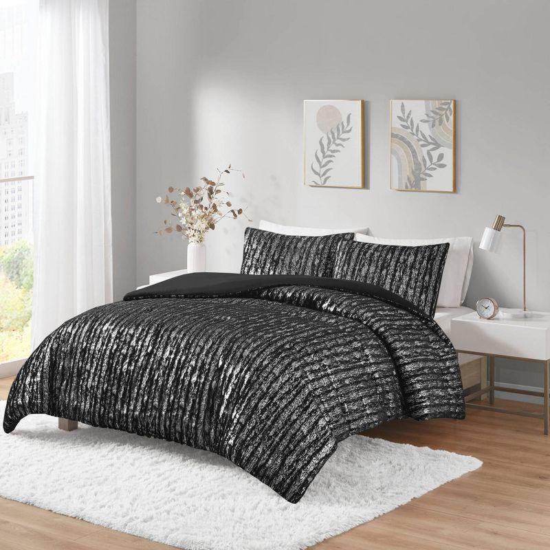 Naomi Black and Silver Faux Fur Full/Queen Duvet Cover Set